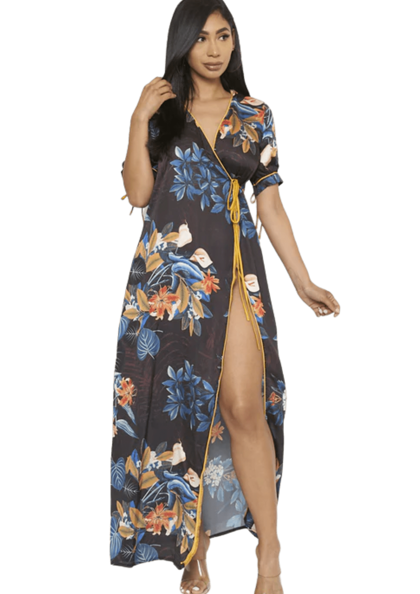 Floral Kimono Maxi Dress with High Split - Howse Fashion Company