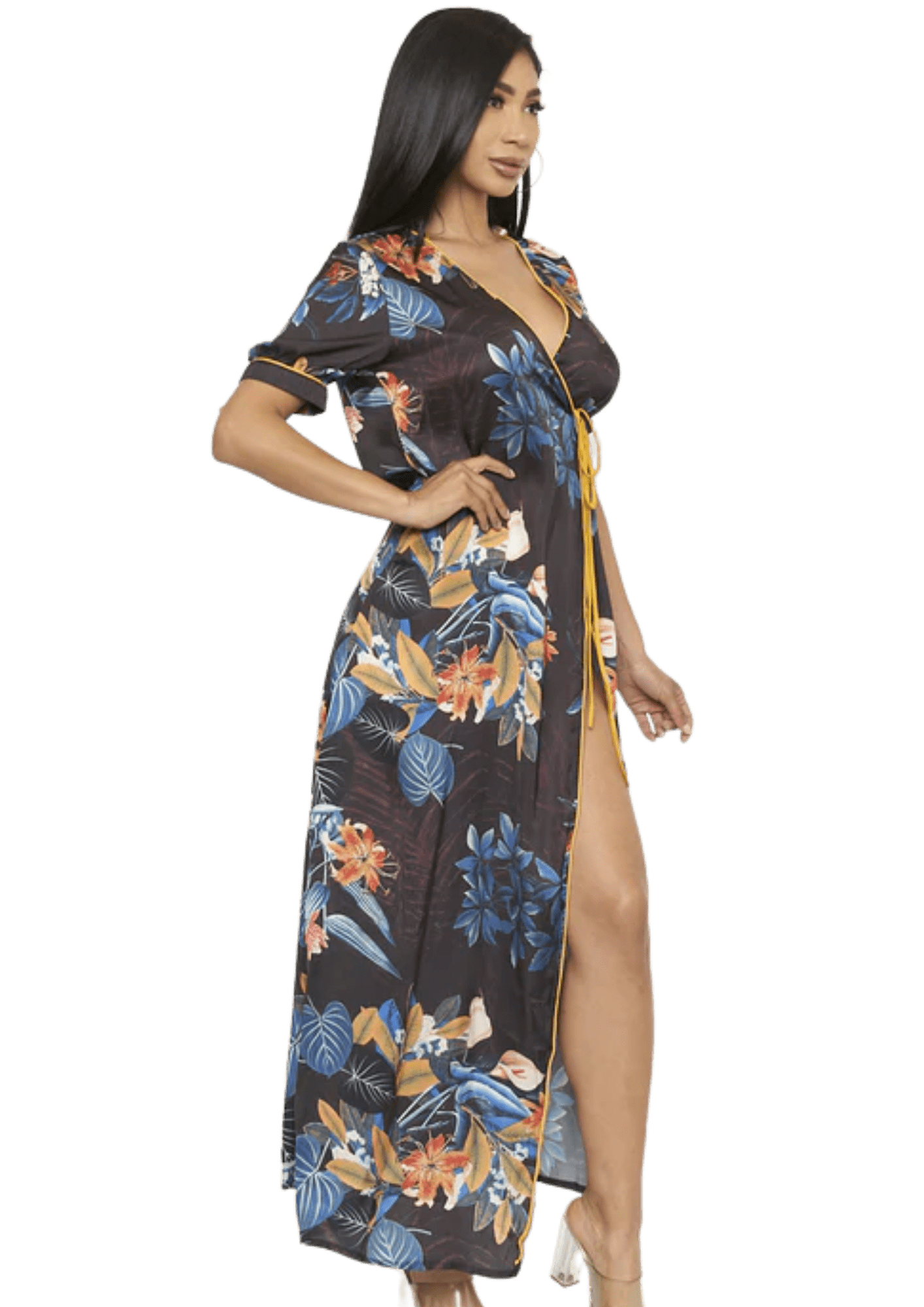 Floral Kimono Maxi Dress with High Split - Howse Fashion Company