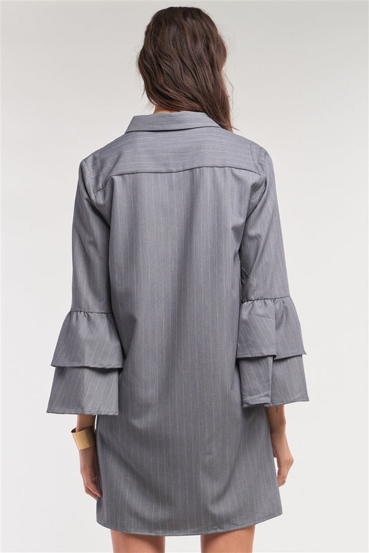 Gray Pinstriped Button Down Shirt Mini Dress - Howse Fashion Company