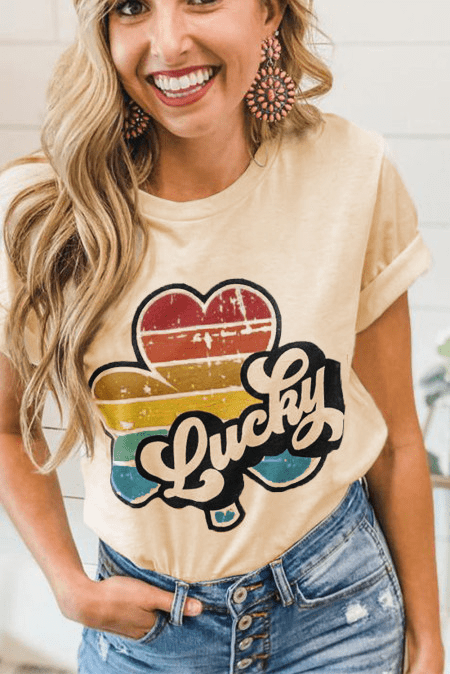 Lucky Retro Rainbow Clover Graphic T-Shirt, Apricot - Howse Fashion Company