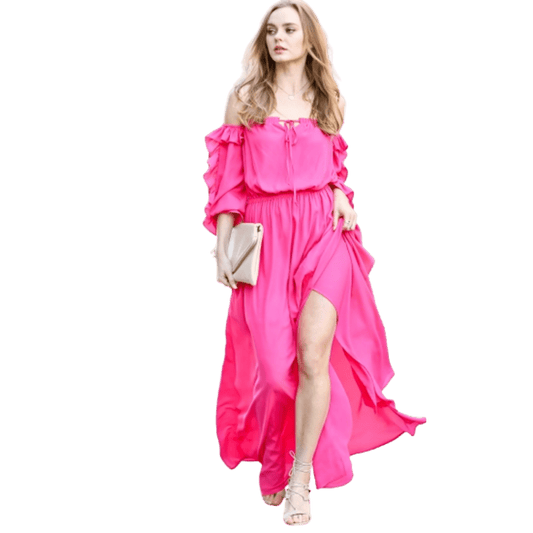 Off-Shoulder Maxi Dress with Ruffle Sleeves and Side Slit - Howse Fashion Company