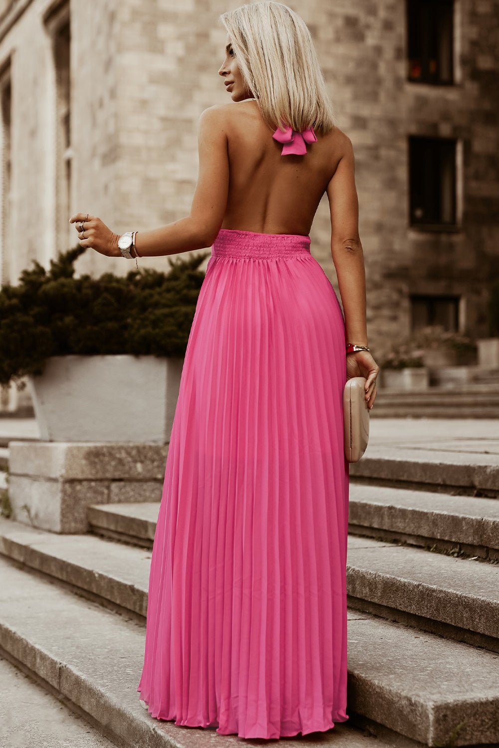 Pink Sleeveless Open Back Pleated Maxi Dress - Howse Fashion Company