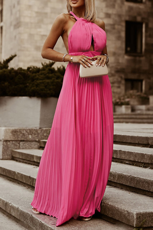 Pink Sleeveless Open Back Pleated Maxi Dress - Howse Fashion Company