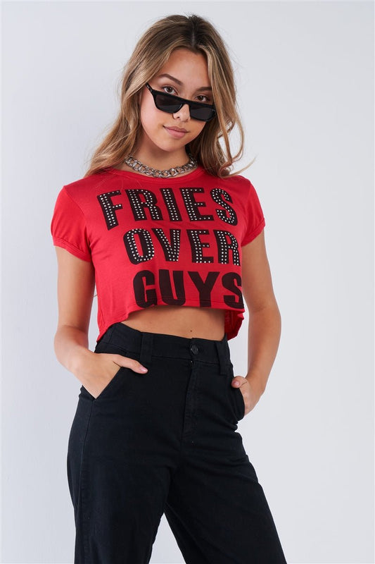 Red "FRIES OVER GUYS" Graphic Studs Detail Crop Top - Howse Fashion Company