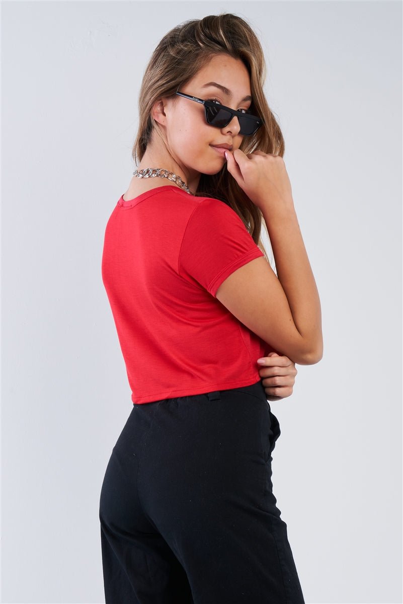 Red "FRIES OVER GUYS" Graphic Studs Detail Crop Top - Howse Fashion Company