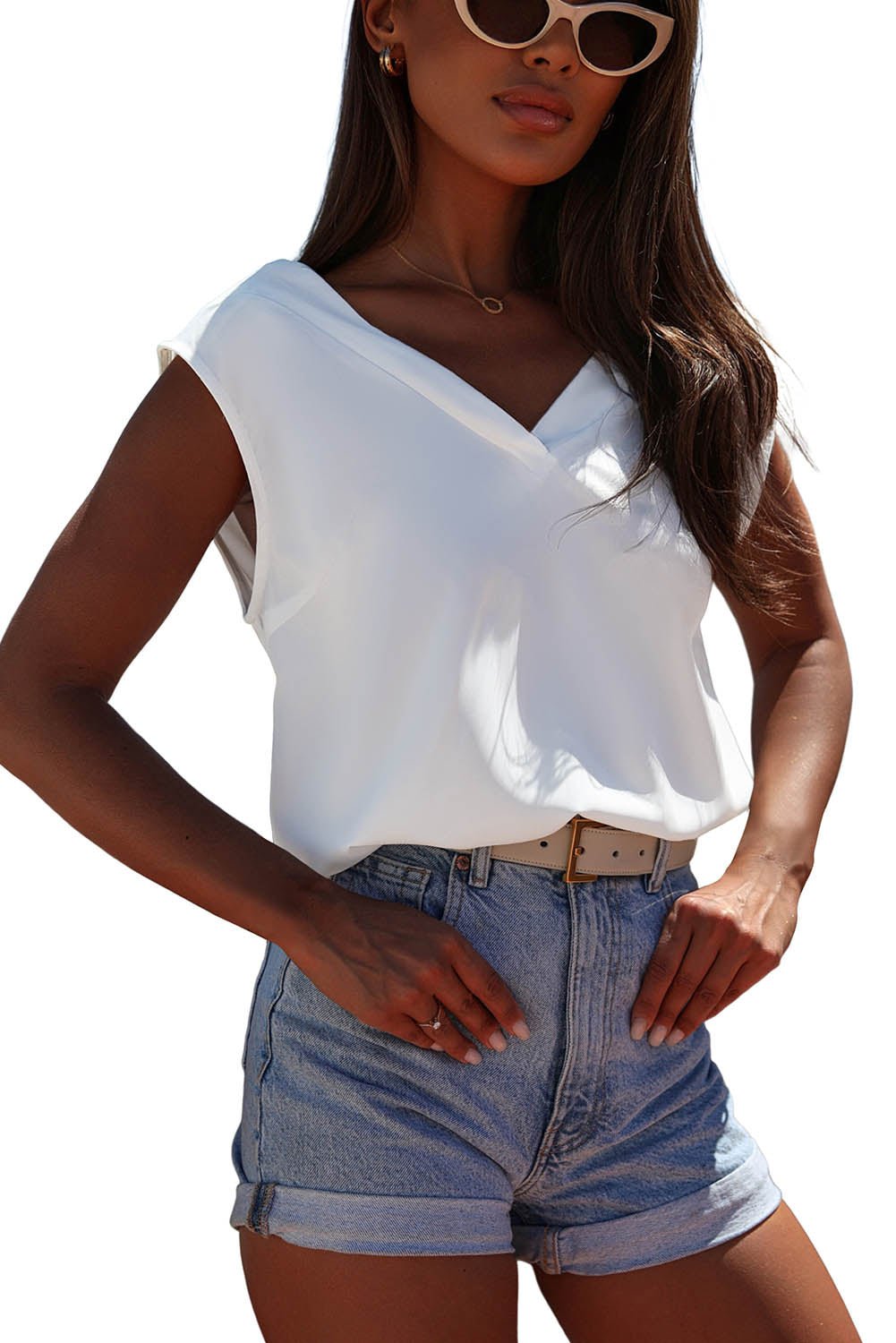 V-Neck Pleated Cap Sleeve Top - Howse Fashion Company